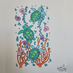 Handmade drawing watercolor on sketch paper ocean turtles sea scenery